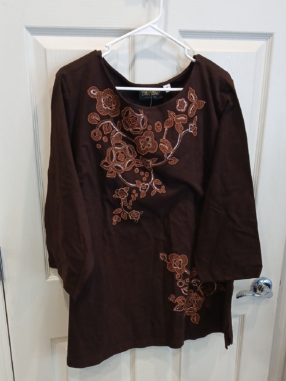 Bob Mackie Brown Embroidered Floral Top